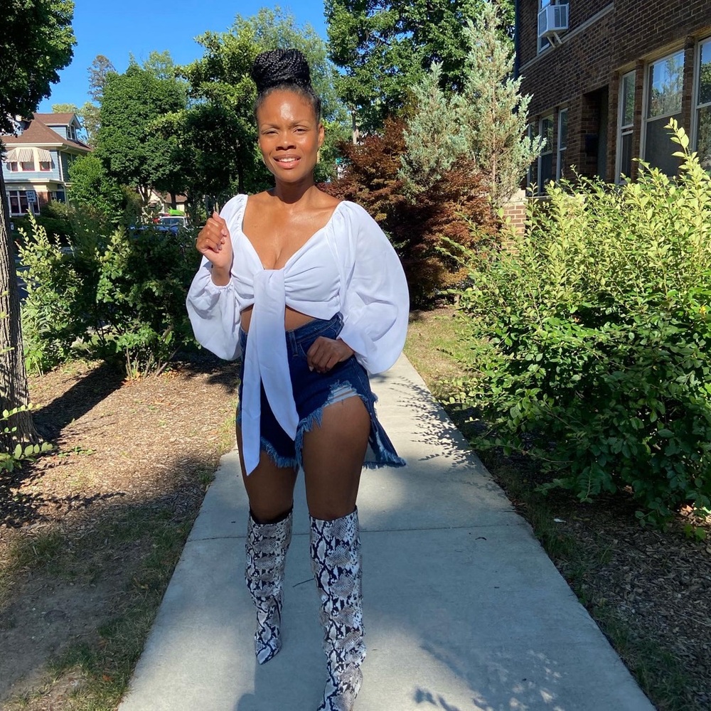 White Tie-Front Blouse and Snakeskin Boots